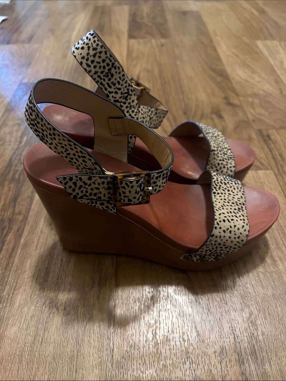 Wedge Sandals with Leopard Print Straps - Women